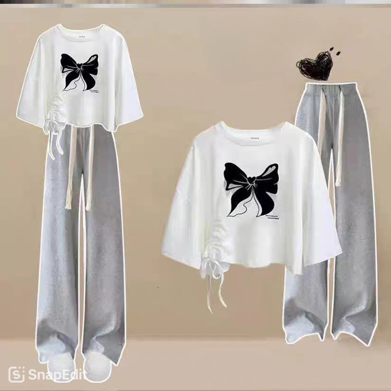 Set of crop top with bow tie and super cute gray shorts Haiphuc TH6
