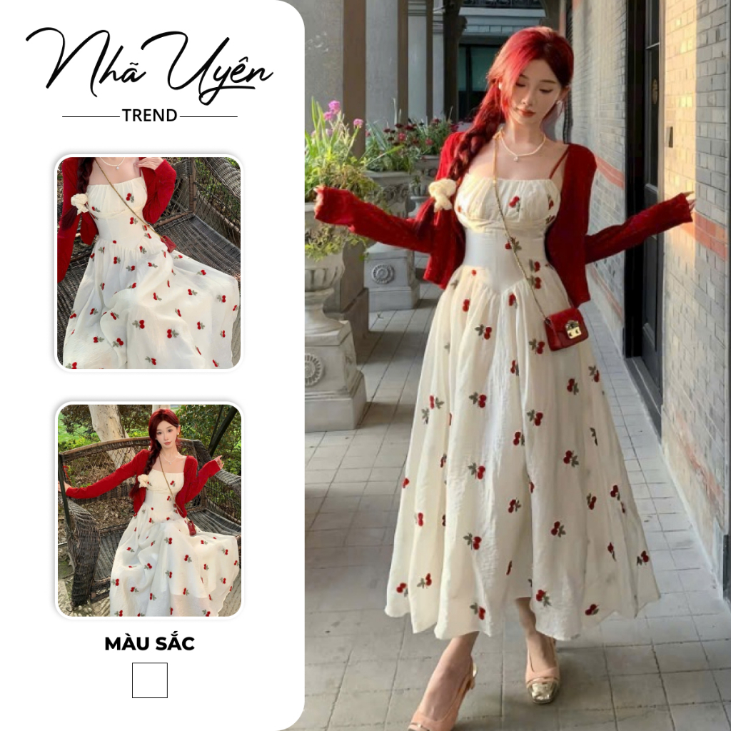 The dress is designed with a long white cherry print with foam and a super cute red jacket, suitable for going to the beach and going out, super pretty