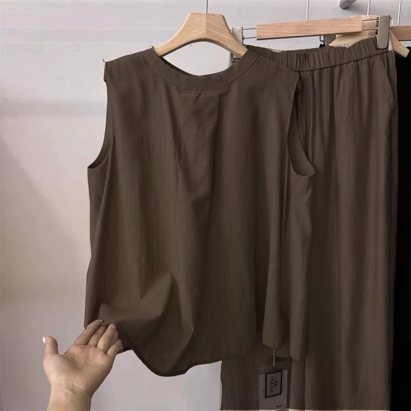 Women's elegant wide-leg pants set, soft and cool, sweat-absorbent material. Set 2 Korean style summerPiece Q7