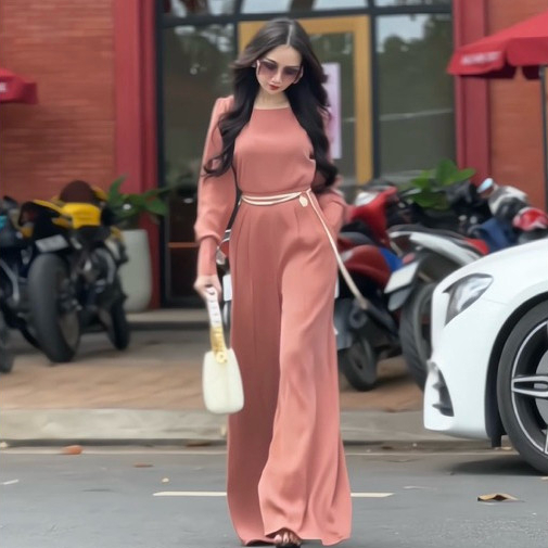 Women's Set, Wide Leg Long, Round Neck, Elegant Waist, Elegant Long Sleeves, Flattering, Fashionable Jumpsuit, Party Jumpsuit
