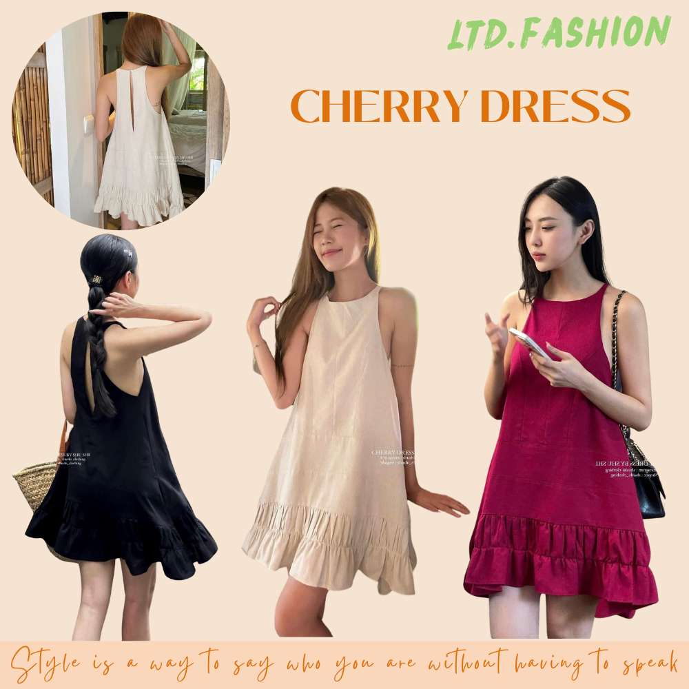2-Strap LINEN DRESS WITH SLIT BACK COLLECTION - LTD.FASHION - CHERRY DRESS