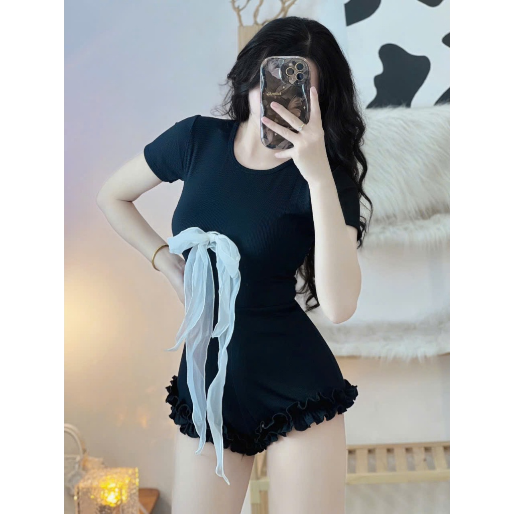 Jump with short sleeves and thighs, hem below the thigh, very hot white bow with long straps, soft and smooth elastic material