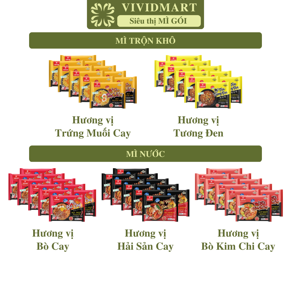 [SET10PACK]-Vifon-Vifon Noodles cooked in 4 minutes: Spicy Kimchi Beef, Spicy Salted Egg, Spicy Beef, Spicy Seafood, Mixed with Black Soy Sauce (105-110g/package)
