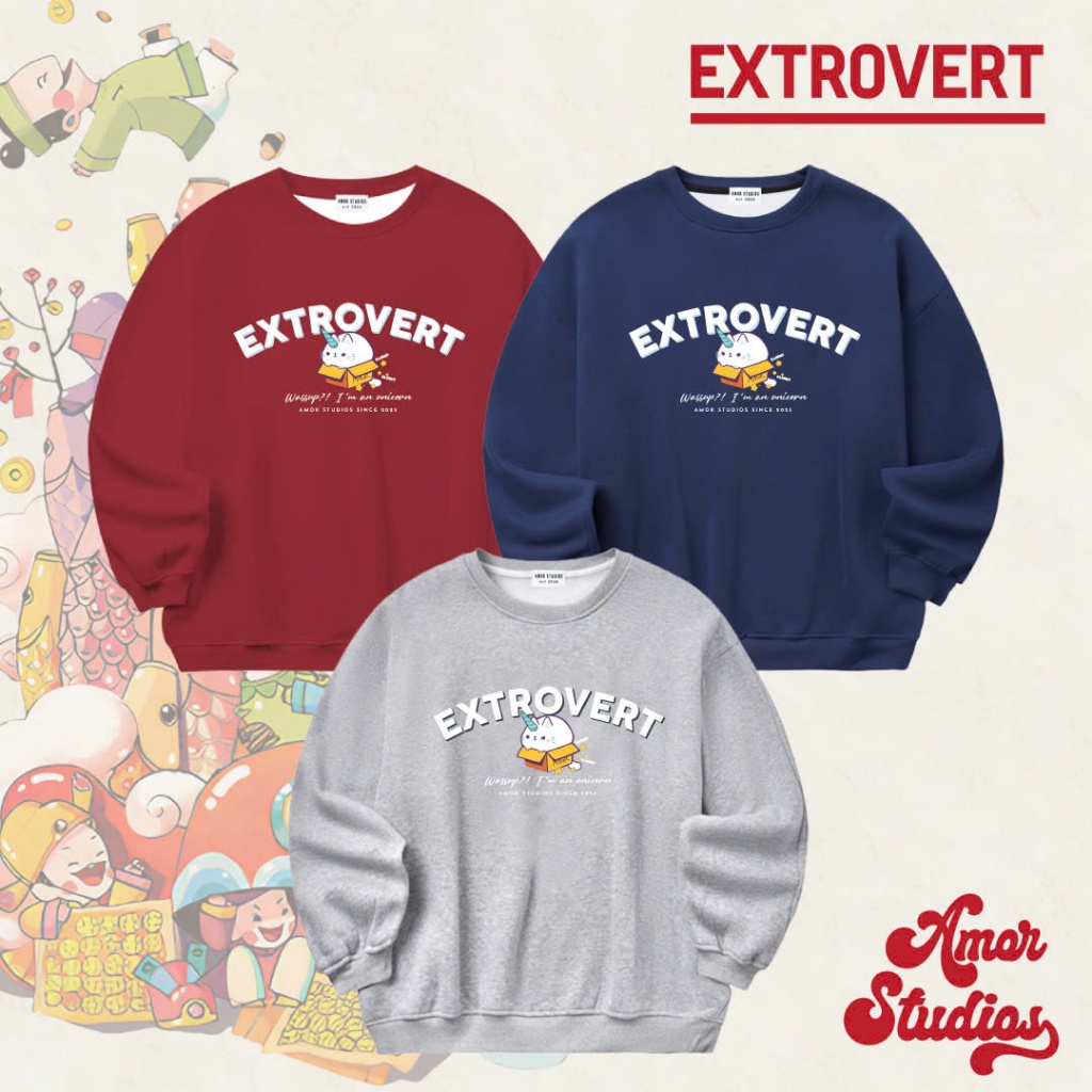 (Amor Studios) EXTROVERT unisex cotton felt double-skin sweatshirt can be worn by men and women in sizes up to 85kg