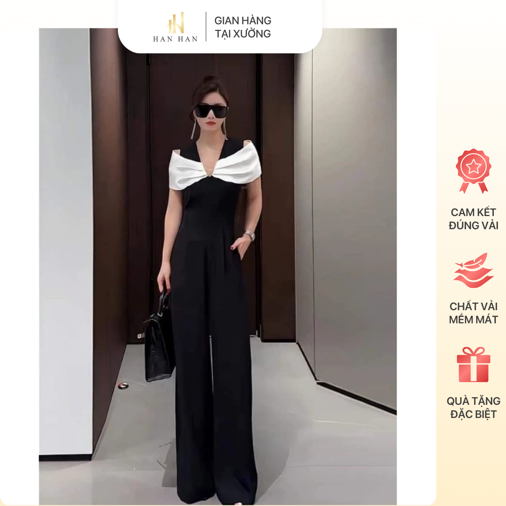 SJ1283 Turtleneck long jumpsuit with luxurious off-the-shoulder bow, flattering design, versatile and easy to store | Han Han Store