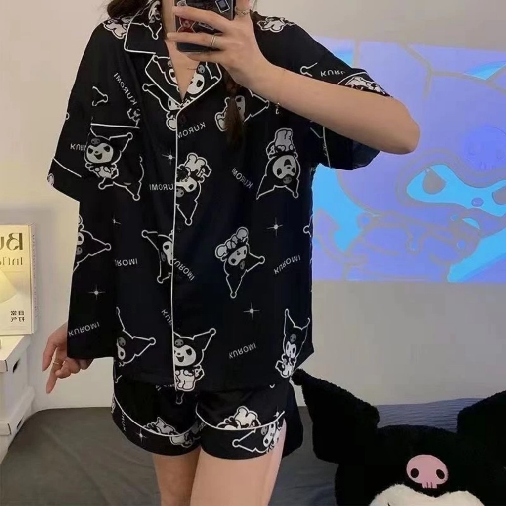 Women's short-thigh pajama Set with cute patterns, size 35-59kg, soft material, vest collar-xuongmaypijamachucanh