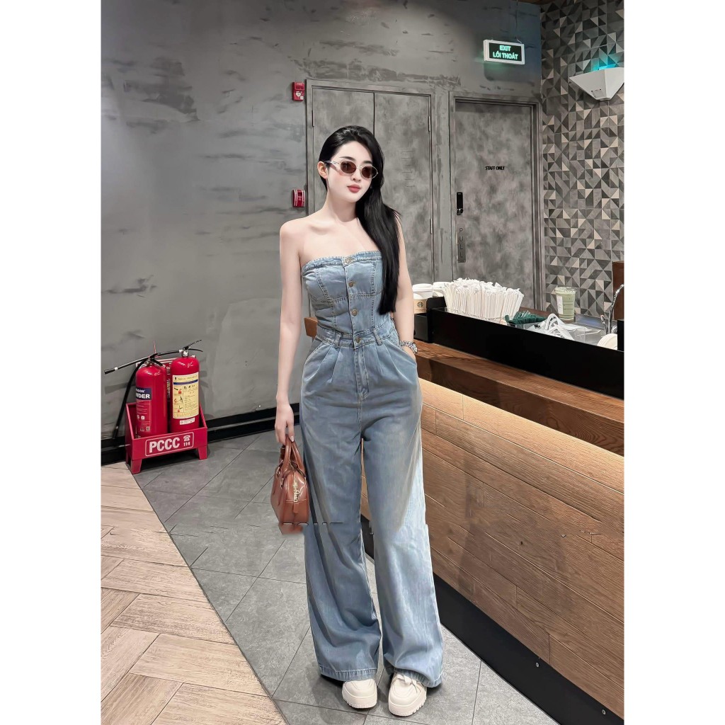 Women's Jumpsuits, denim jumpers with chest cups, genuine long straight pants, hot trend, luxurious bodysuit sets for women