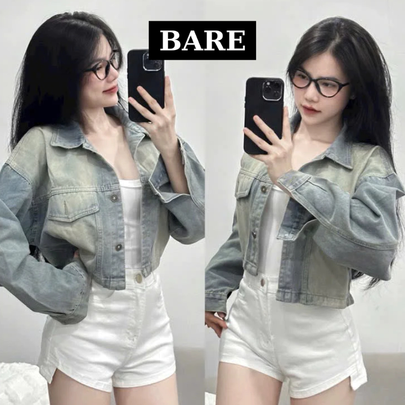BARE_Women's crop top jean jacket, freesize women's sun protection shirt with short form and colorful flip pockets, unique style - AK016