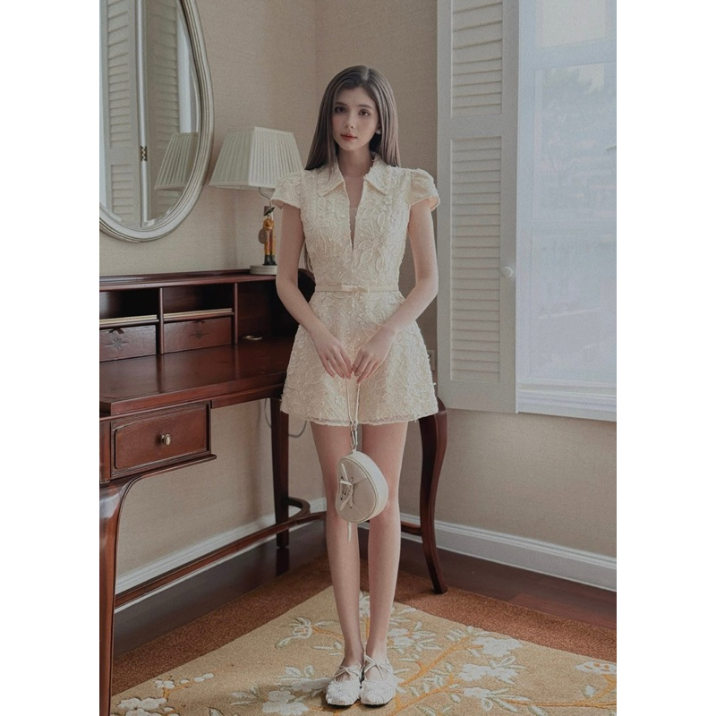 Liora Jumpsuit / Women's floral embroidered thigh set in gentle, elegant Pastel beige color - QuynhTrangBasic jumpsuit woman jumpsuit