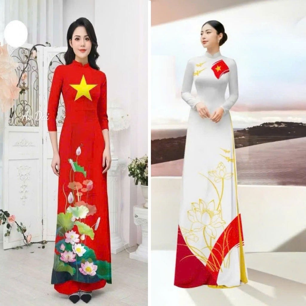 Japanese silk uniform ao dai, red flag ao dai with yellow star, new model, luxurious and elegant