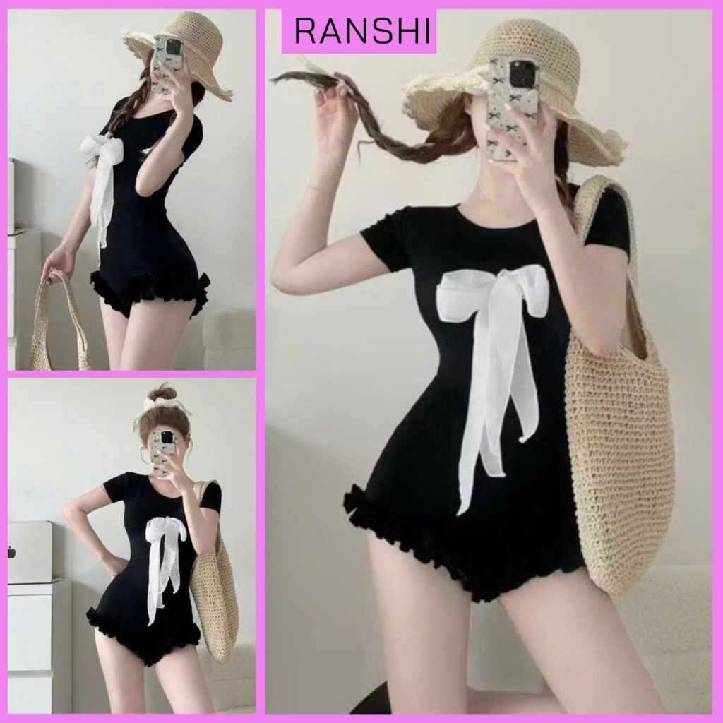 [AVAILABLE SIZE] Jumpsuit short sleeve Round Neck Cute Bow RANSHI Ruffle Hem Wear to the Beach and Going Out Genuine Elastic -RBS049 Jumpsuit Woman
