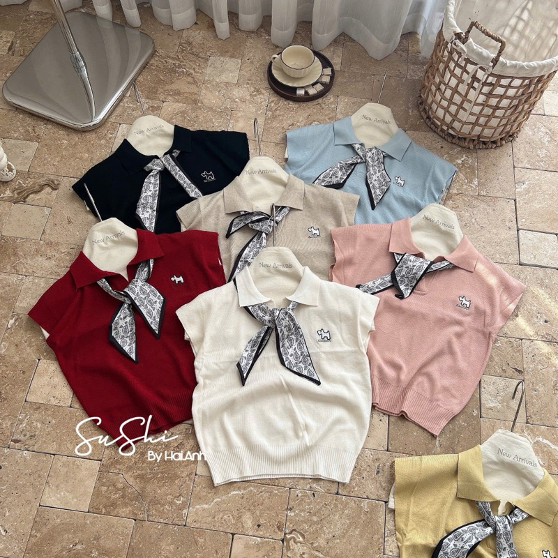 Mongtoghi shirt with mussel collar and sleeves with scarf, dog embroidered polo sweater AL2563-D2TN - NhiNhi Shop