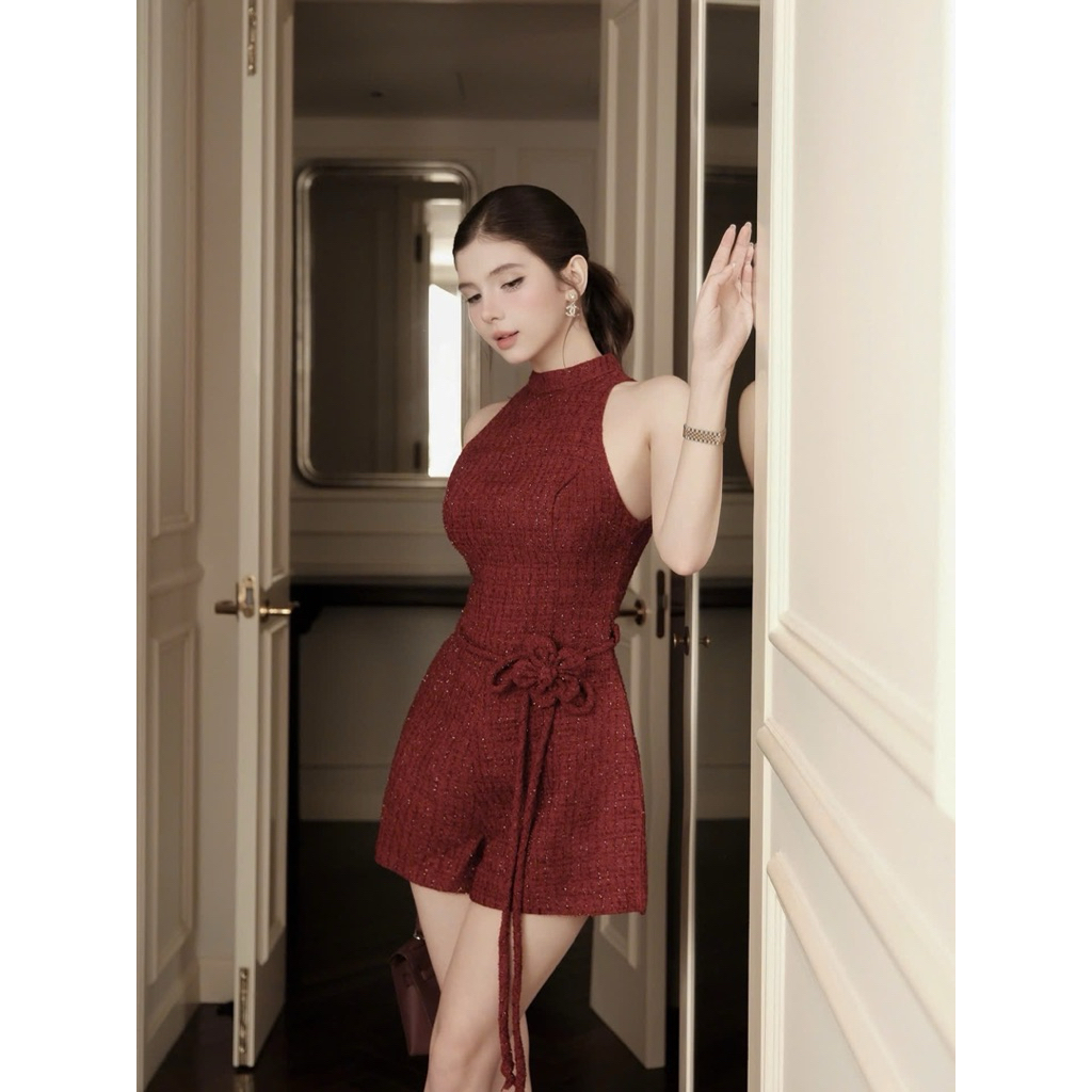 P322 - Jump da Sleeveless Red waist-cinching floral short dress, super flattering Chouchou