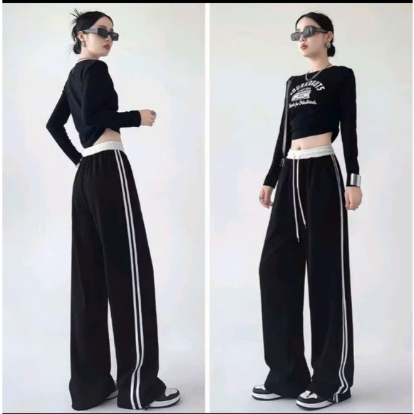 2 STRIPED FISH LEATHER straight pants with drawstring, sporty - youthful - sunny style CAMASTORE MM21