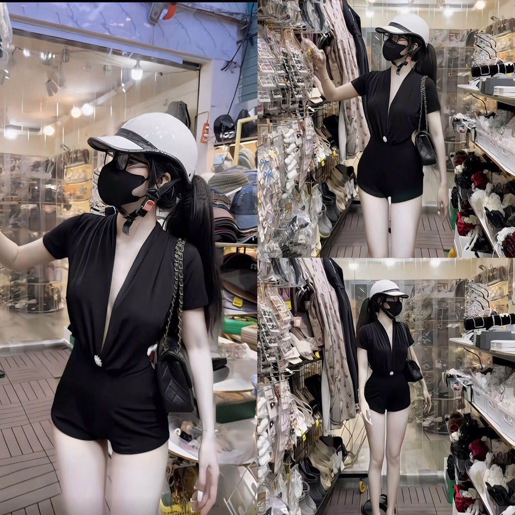 Deep V-neck Jumpsuit, figure-hugging design, flattering bust - REAL PHOTOS jumpsuit woman