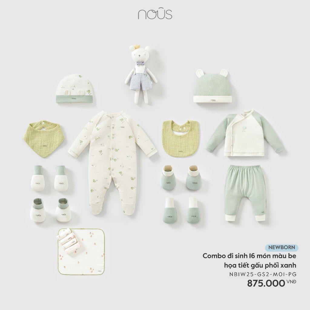 Nous Newborn Combo for Birth, Gift Set of 16 Pieces for Newborn Boys and Girls Full of Safe Materials Under 5.5kg with Box