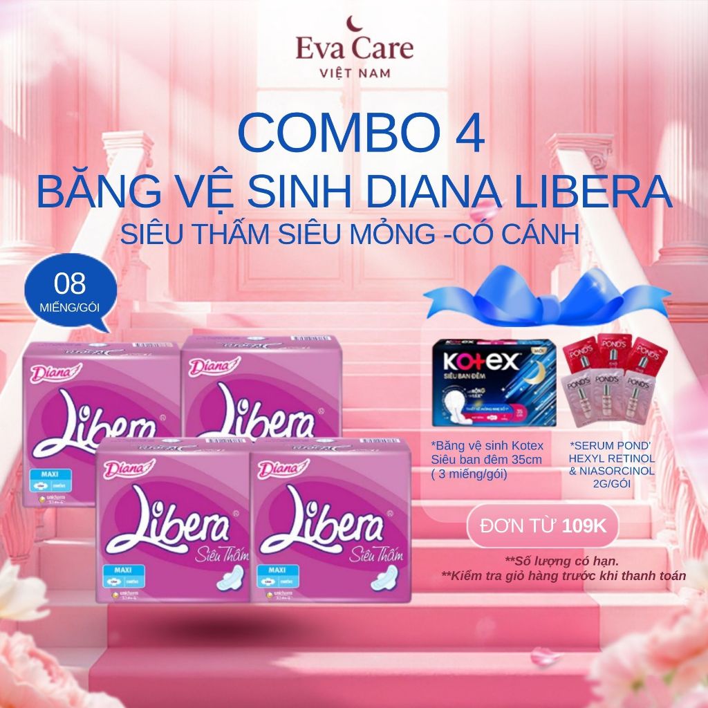 COMBO 4 PACK OF DIANA LIBERA MAXI SUPER ABSORBENT SANITARY PADS WITH WINGS 23CM (8 PIECES/PACK)