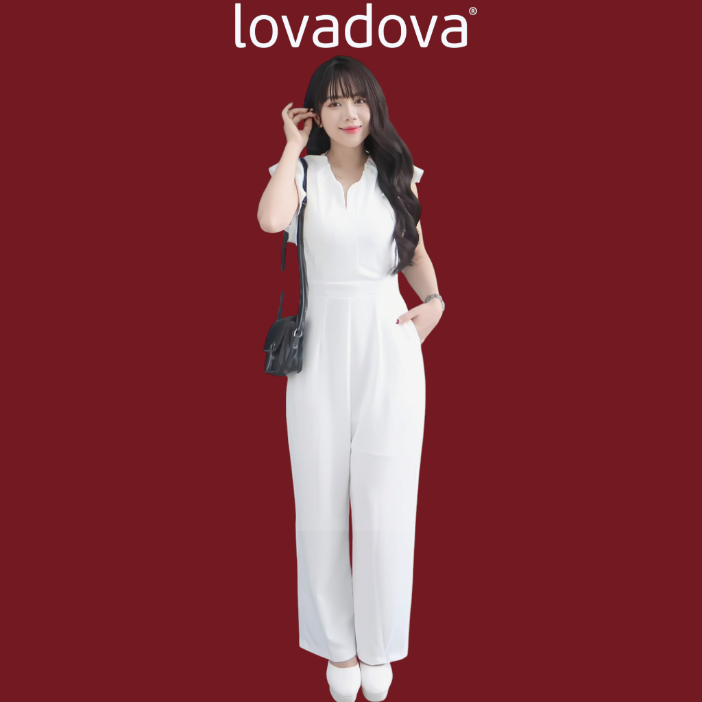 Lovadova Jumpsuit Fairy Tail Sleeves V-Neck Wide Leg Waist Trousers Office Streetwear HO0903.