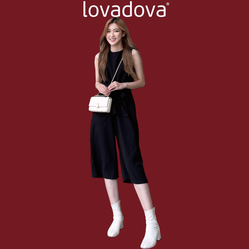 Lovadova Jumpsuit Sleeveless Round Neck Bow Tie Waist Wide Leg Half Sleeve Black Kate Fabric Office Streetwear EO1204