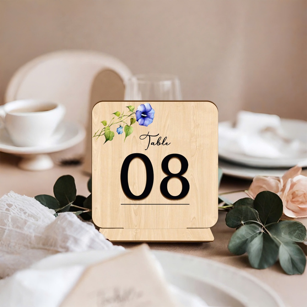 Number plate for numbering table, wooden table, assembled base design