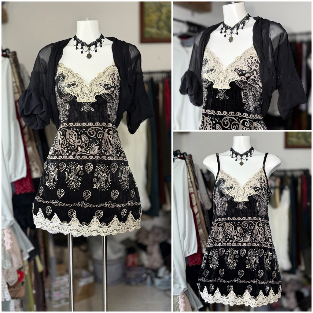 [2hand_thrift] Split Set: M chiffonJacket, Japanese velvet two-strap dress with M lace