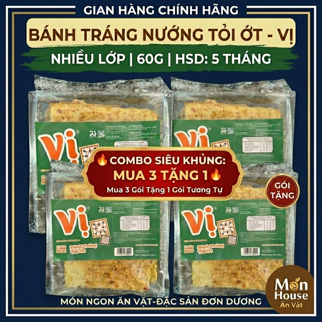 (3 Get 1 Free) Grilled Rice Paper with Garlic and Chili Flavor - Da Lat Specialty - Crispy with Many Layers, Mildly Spicy and Delicious