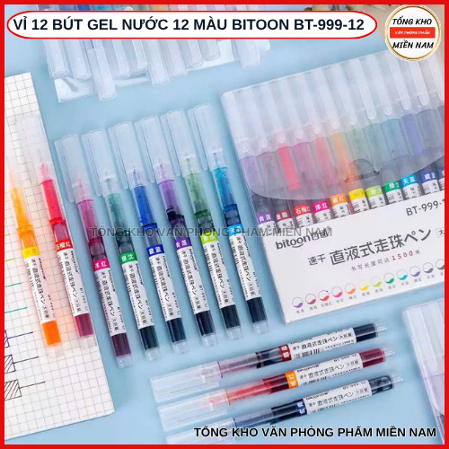 (BT-999-12) Pack of 12 Bitoon Premium 12-Color Liquid Gel Pens with Needle Nibs for Decorating Coloring Notes for Office Students