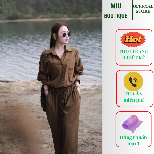 Brown Women's Jumpsuit – Long Sleeve Waist Wide Leg Jumpsuit Flattering High Quality Women's Fashion
