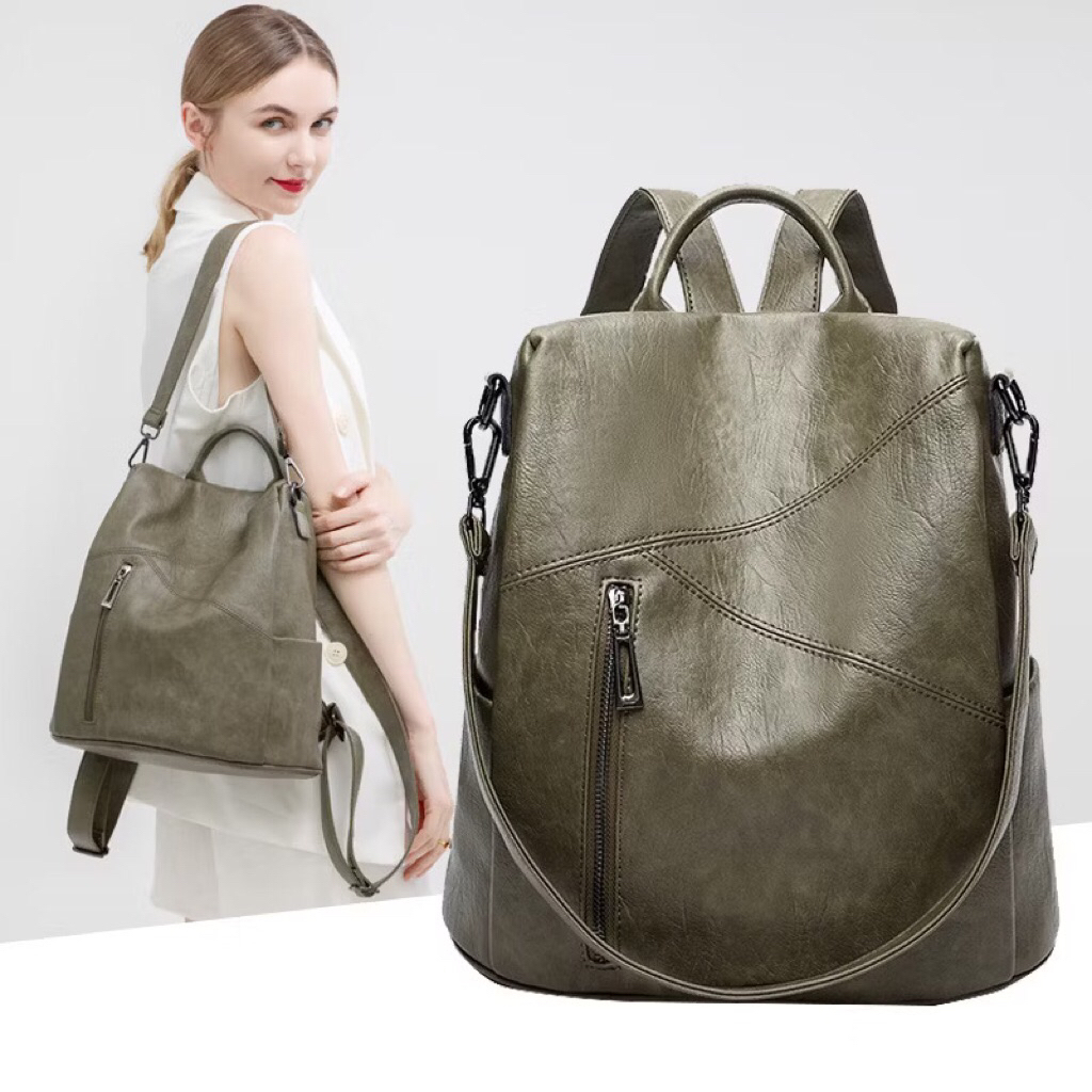 Green Fashion Large Fireproof Soft Leather Backpack for Women