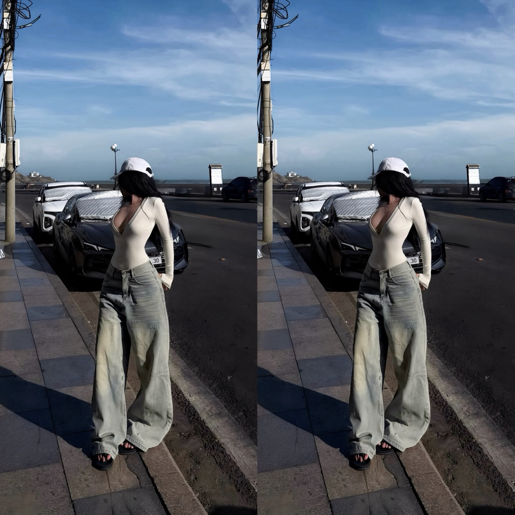 [ SET CLASSIC JUMP ] premium elastic Jumpsuit with deep cut body combined with 3D ripped clasic jeans | BY DANANJI