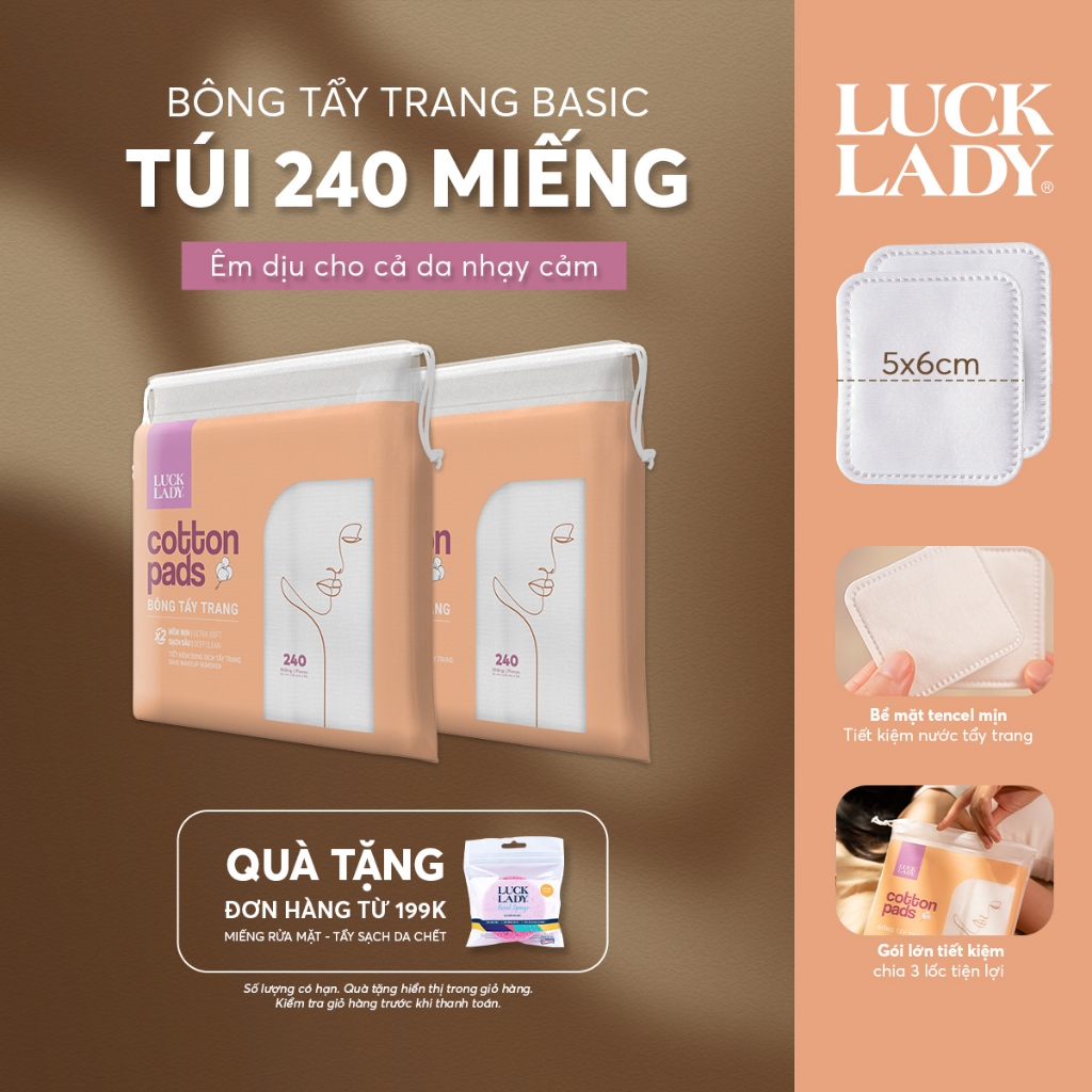 Combo of 2 bags of Luck Lady makeup remover cotton in drawstring bag, 240 soft and smooth pieces, cleans the skin, safe for the skin, skincare to beautify the skin facial cotton