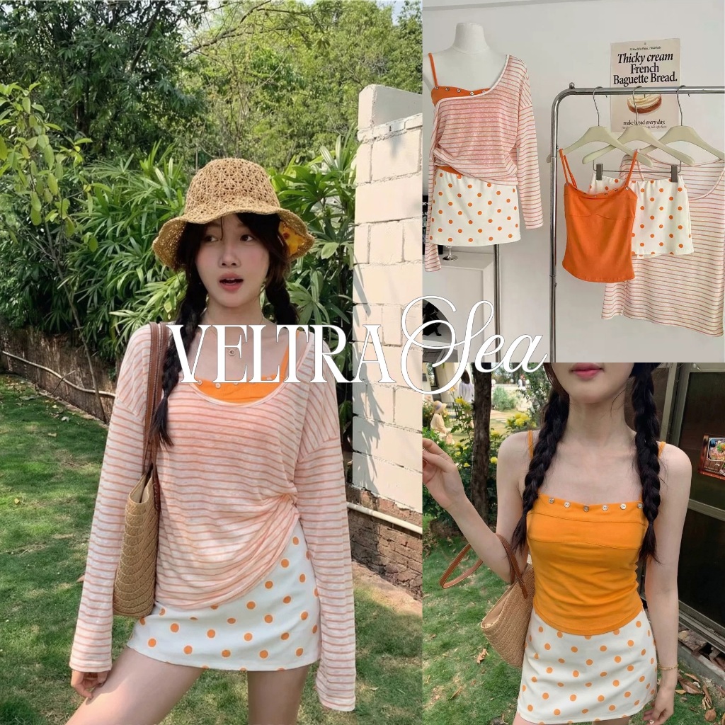 VELTRA Sea| Orange Three-Piece Bikini Set Includes Polka Dot Skirt, Tank Top and Plaid Long-Sleeved Sunscreen 385