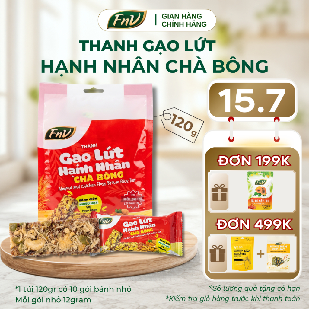 Fnv low-calorie sugar-free almond brown rice bar Meat Floss snacks 1 pack of 120g diet…