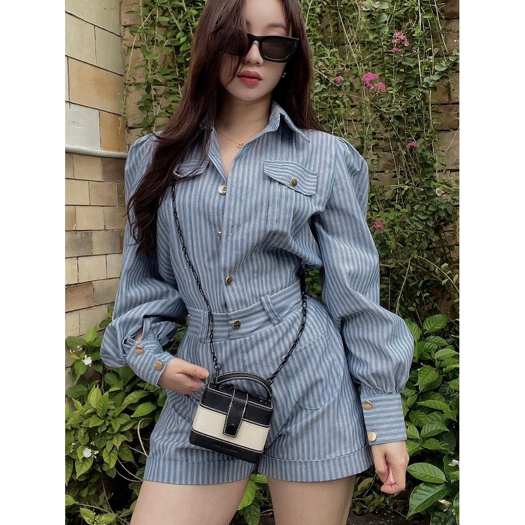 Jumpsuit shirt, plaid, puffed sleeves