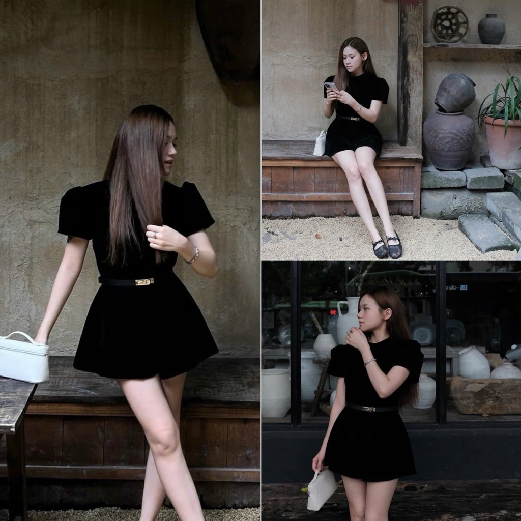 [V1.1056] Velvet Jumpsuit with Train Neck Sleeves and Super Cute Leather Belt