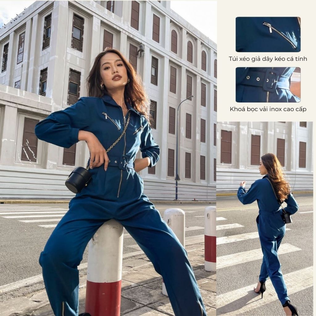 Streetstyle blue Jumpsuit with slanted metal zipper on the chest and hem with a belt to flatter your figure