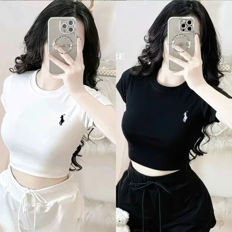 COMBO baby tee crop top with round neck and horse embroidery in big size women's elastic 60-90kg - A111