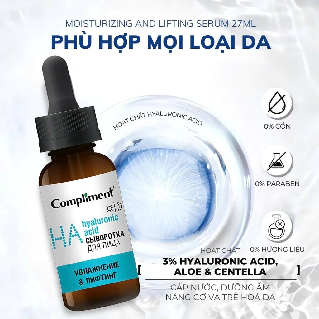 Serum Compliment 3% Hyaluronic Acid, Aloe & Centella Hydrates, Moisturizes, Lifts, Rejuvenates Skin 27Ml
