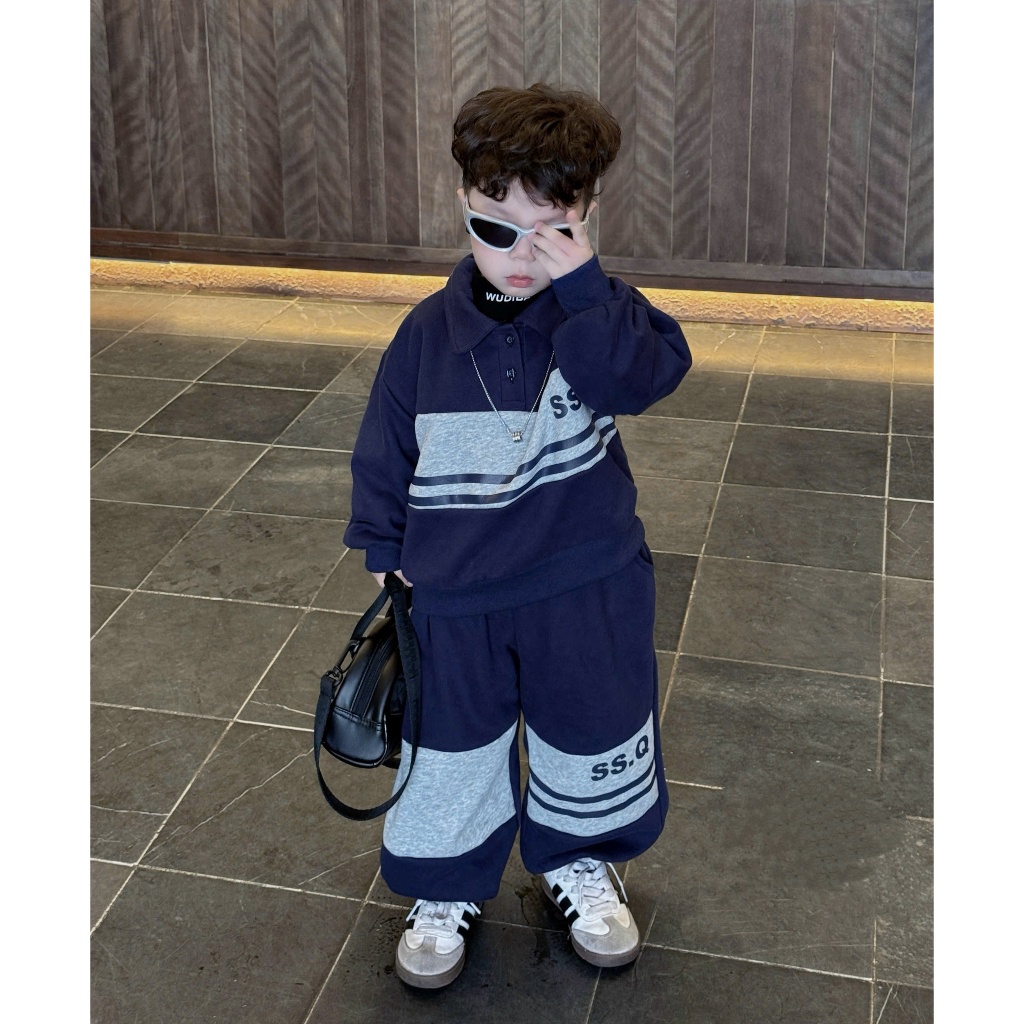 Autumn Winter Children's Clothes Set Polo Collar for Boys MS2 Soft and Comfortable Chinese Cotton Fleece Suitable for 14-45kg MS2