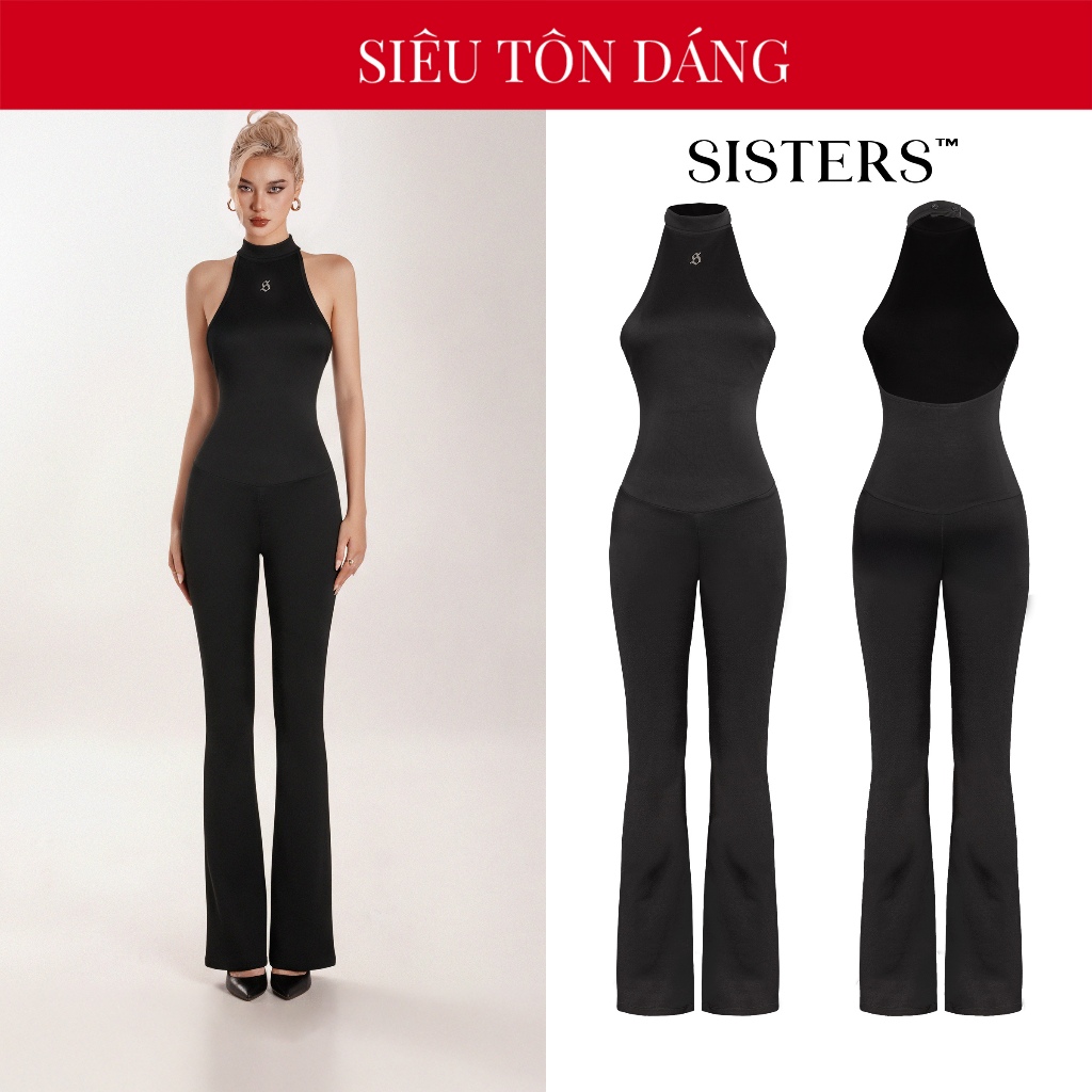 SISTERS women's long flared backless Jumpsuit with black halter neck, stainless steel logo design with adjustable zipper Isadora| SS-J76