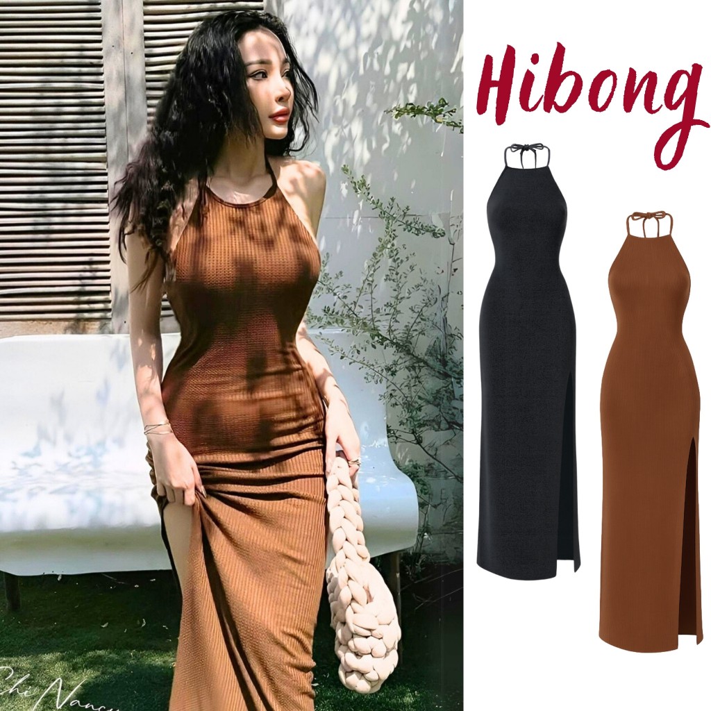 Women's Long Backless Camisole Dress with Thigh Split and Padded Cup DB01, Sexy Ribbed Fishtail Maxi Bodycon Dress - HIBONG