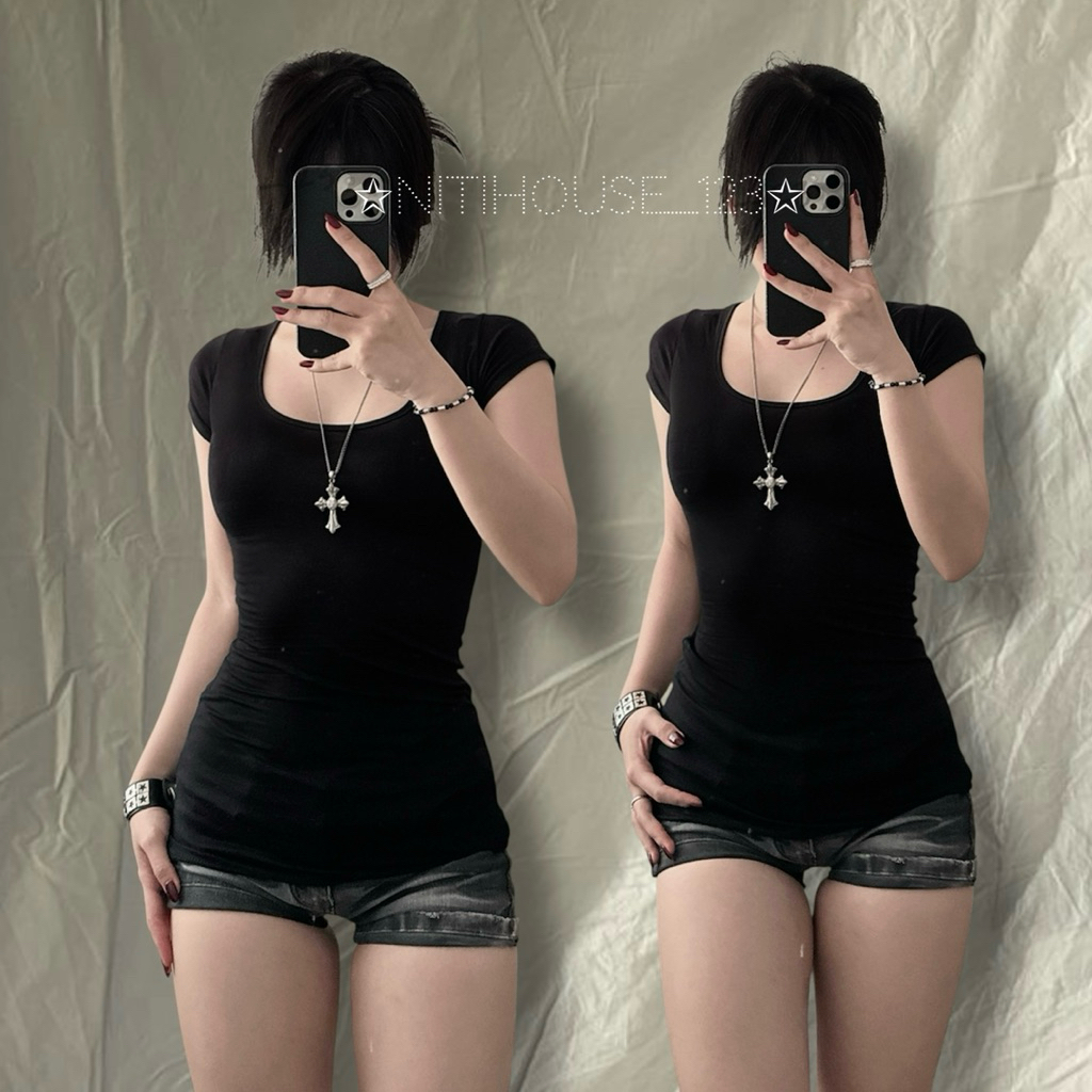 [ATN] Short-sleeved shirt with square collar and deep split y2k