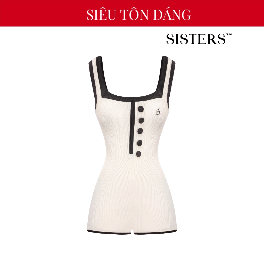 SISTERS classic women's 2-strap Jumpsuit with soft ribbed elastic and sexy cream fabric buttons with black trim Isobelle | SS-J77-KVD