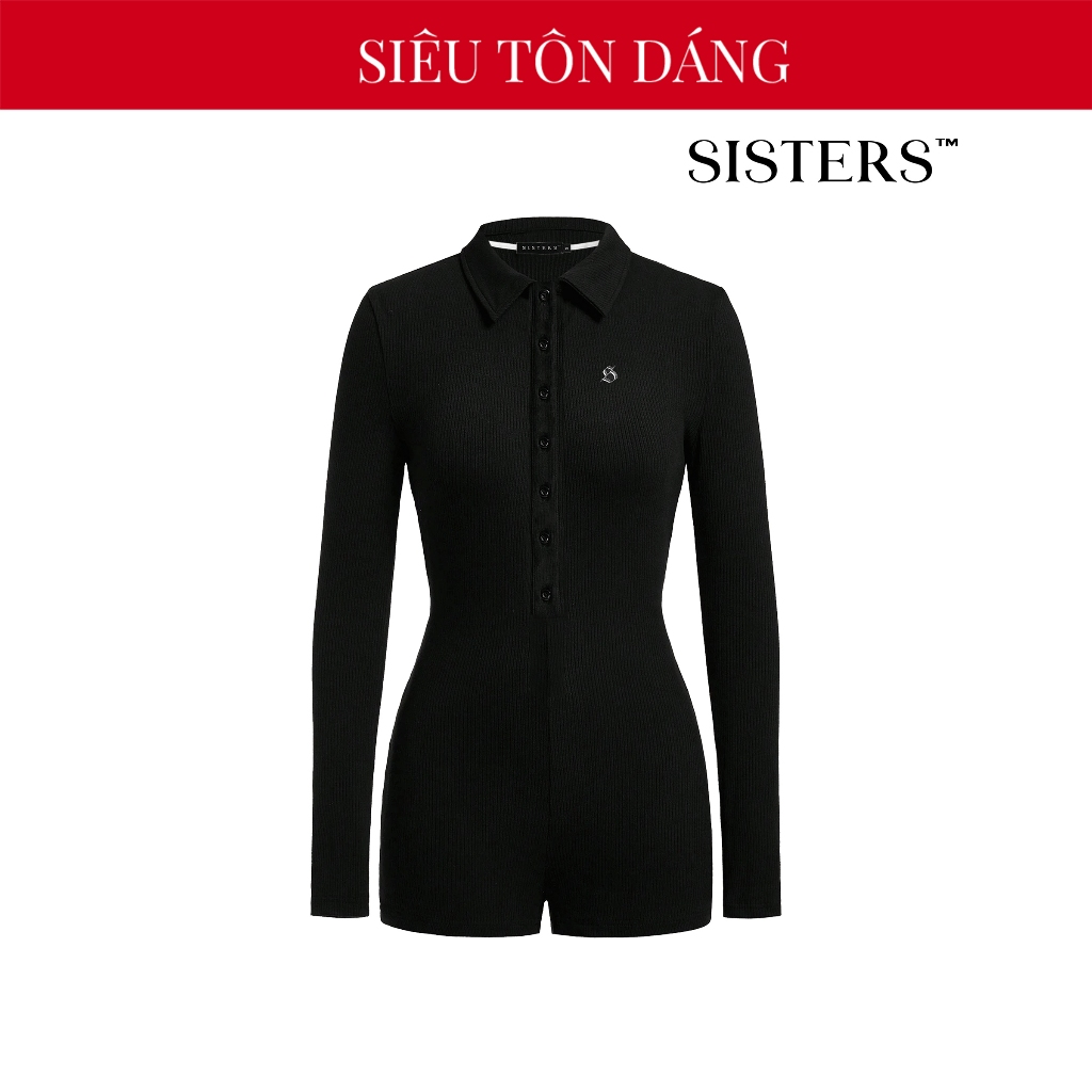 SISTERS women's long-sleeved turn-down collar Jumpsuit with deep buttons showing off sexy bust in black, short, body-hugging Mallorie | SS2-J1-D-D