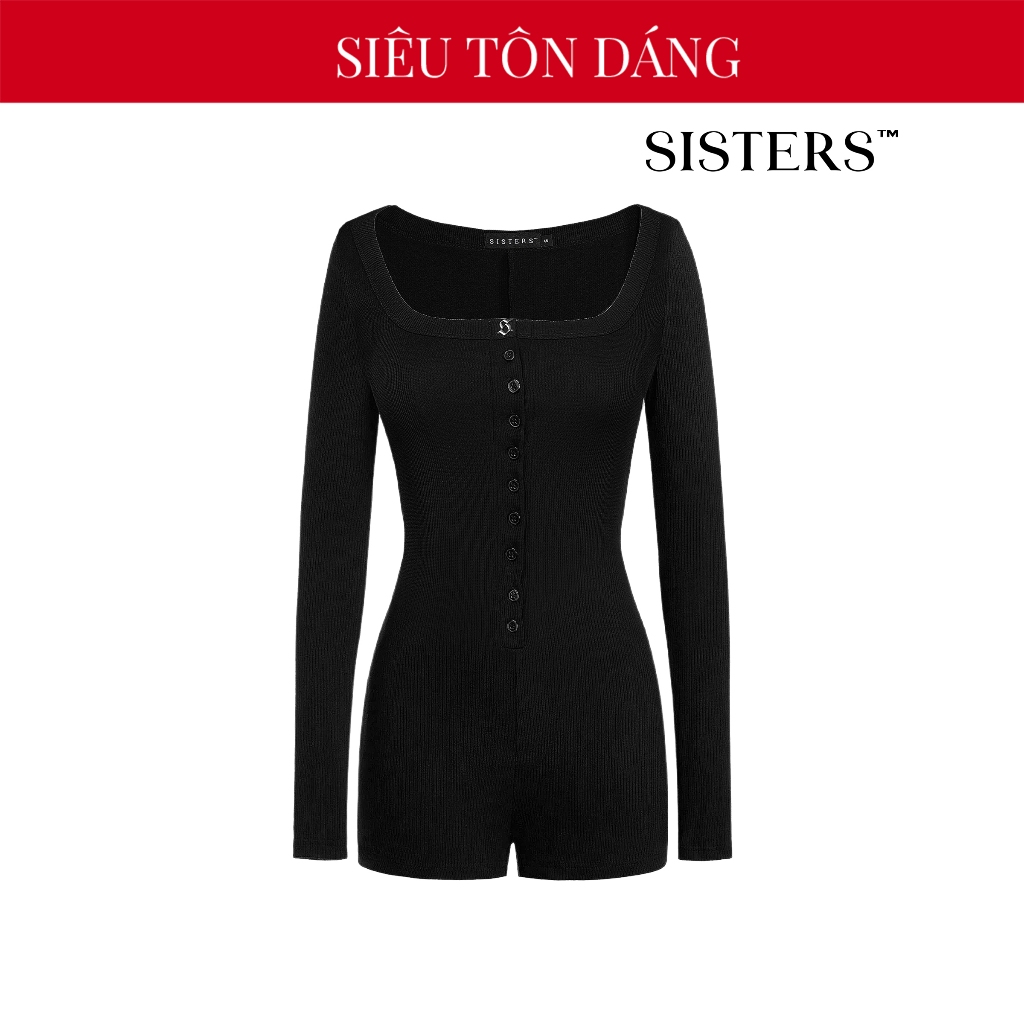 SISTERS women's long-sleeved square neck Jumpsuit Woman with deep buttons showing off sexy bust in black, short, body-hugging Blanche | SS2-J3-D
