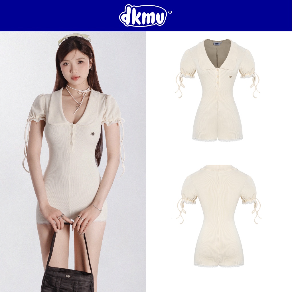Women's short-sleeved Jumpsuit with DKMV lace, cream lady's collar, buttoned elastic elastic, lovely figure, Se Na Jumpsuit| K-J1-K