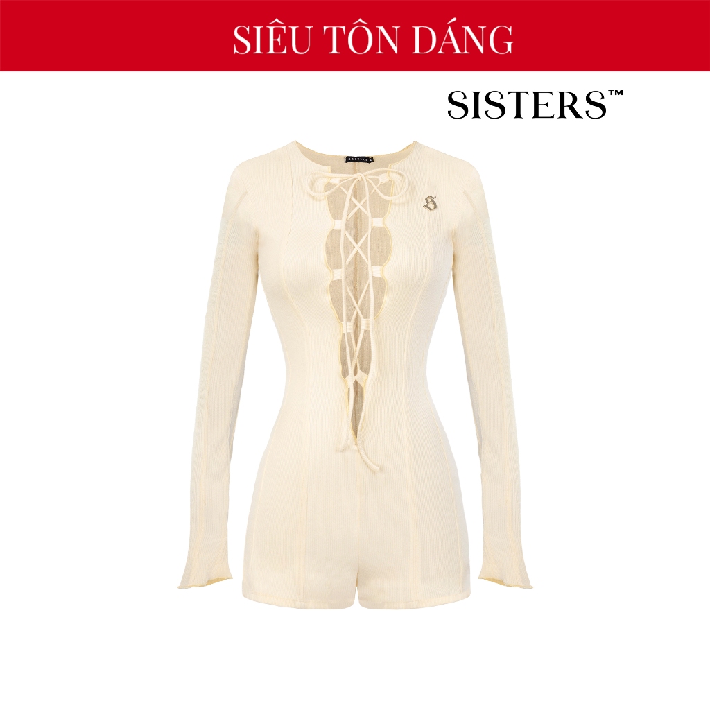 SISTERS women's long-sleeved Jumpsuit with straps showing off sexy bust, cream color, short, tight fit, flattering Sohee stainless steel logo | SS24-J3-K
