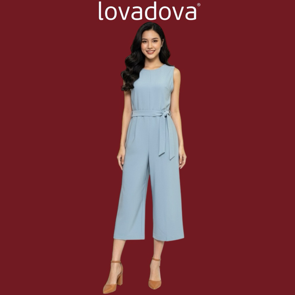 Lovadova Jumpsuit Sleeveless Round Neck Tie Waist Wide Leg Shorts in Snow Fabric Office KO0302