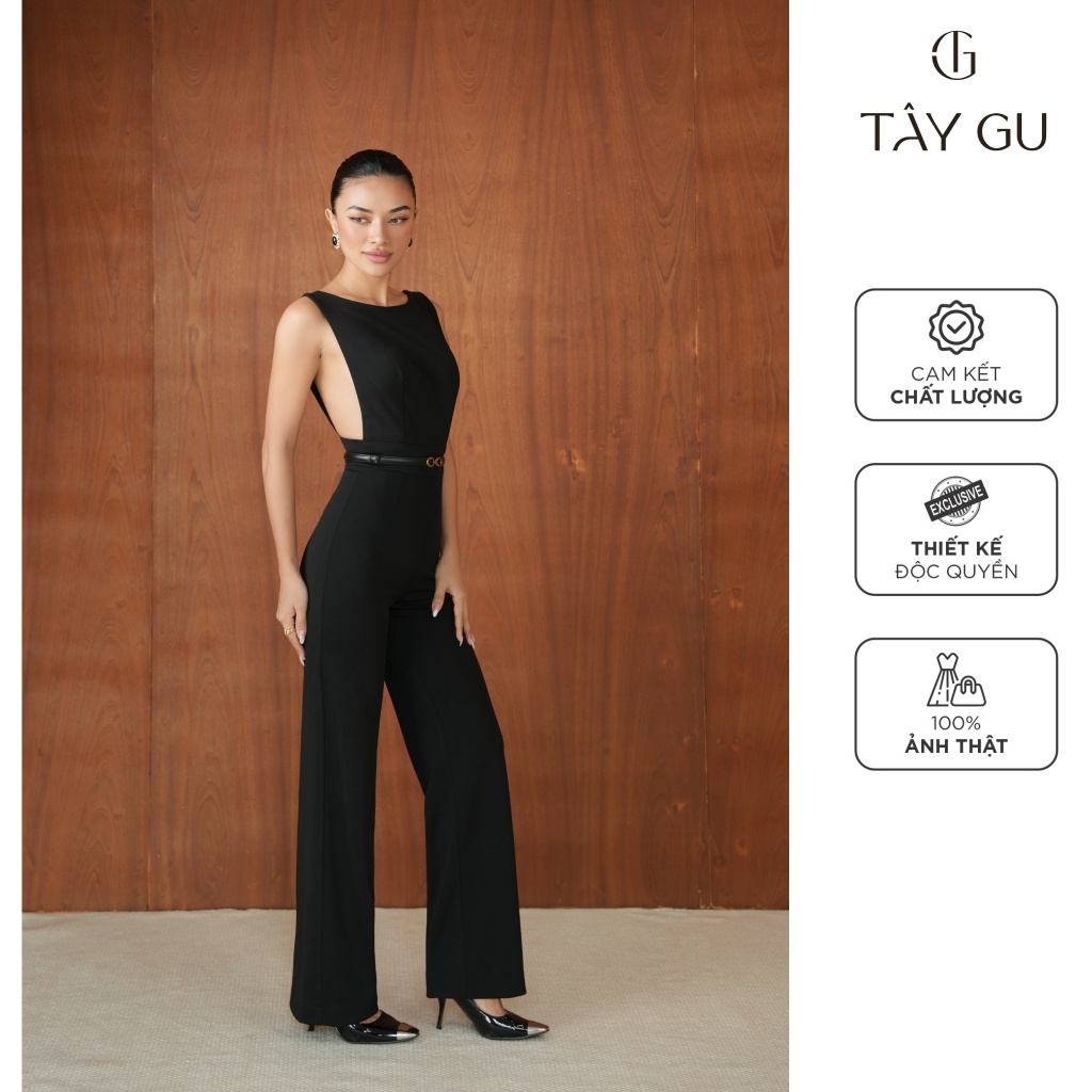 Sleeveless black jumpsuit with open back and slits on both sides - JTK22 - tay GU