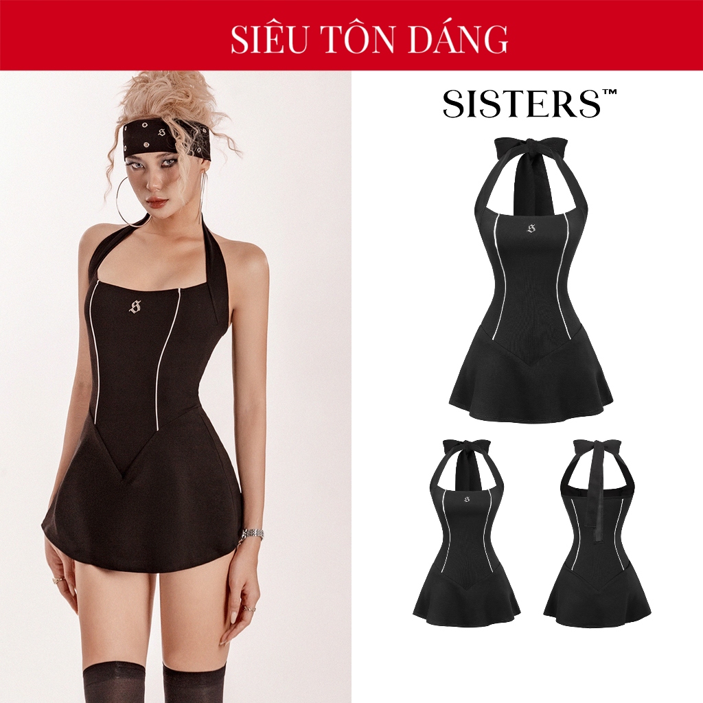 SISTERS women's short Jumpsuit, seductive body hugging halter neck, Bubble bow tie, black and white trim| SS24-J13-D